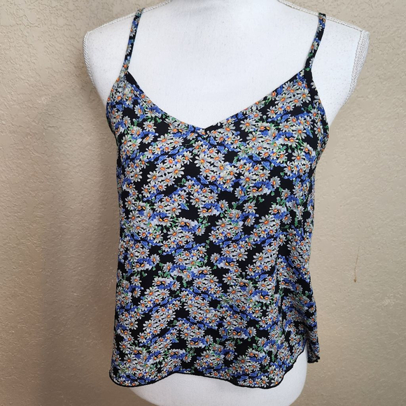 Shasa Tops - Shasa White Daisy Print on Blue Tank Top with Crochet detail Small (5161)